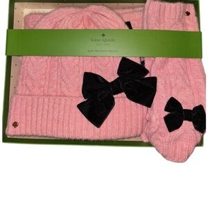 Kate Spade Pink Hat,Arm Warmers, Scarf With Bows Box Set NWT